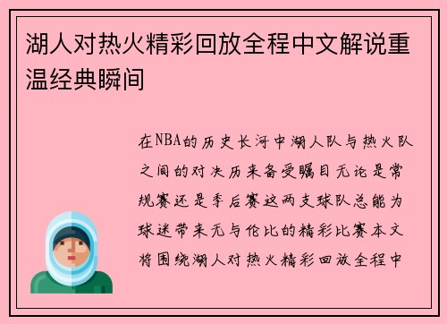湖人对热火精彩回放全程中文解说重温经典瞬间